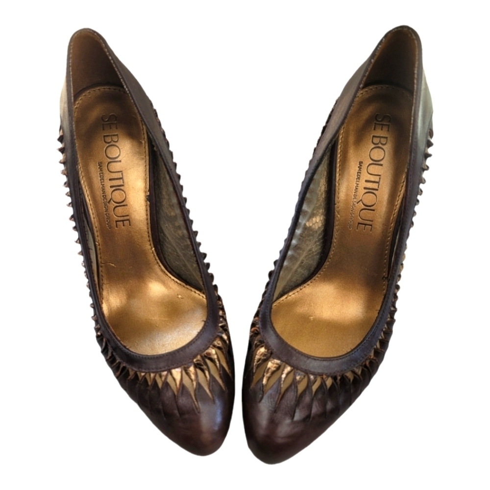 SAM EDELMAN SE Boutique Designs Brown/Gold‎ Round Toe, Leather Pumps/Heels